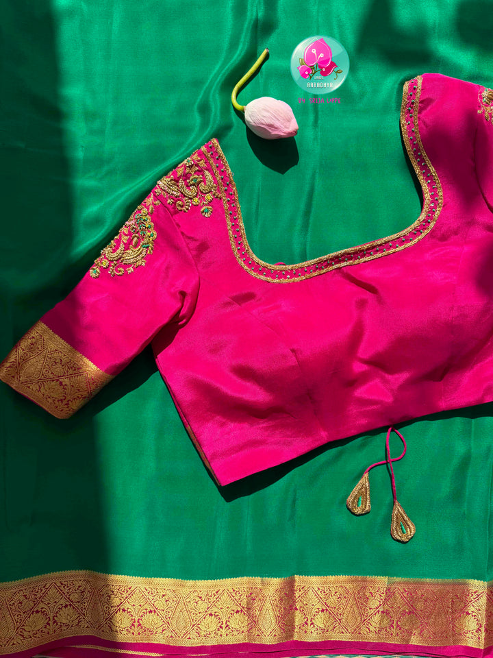 Verdant Jewel & Rani Pink: 120gsm Pure Mysore Silk Saree & Hand-Embroidered Blouse