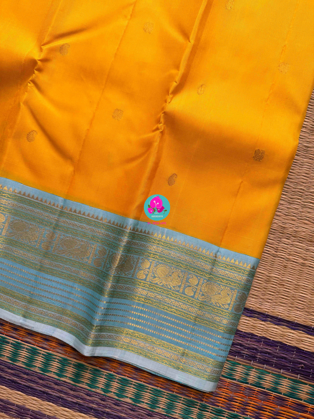 2G Zari Pure Kanchipuram saree with vintage mustard colour in light blue contrast