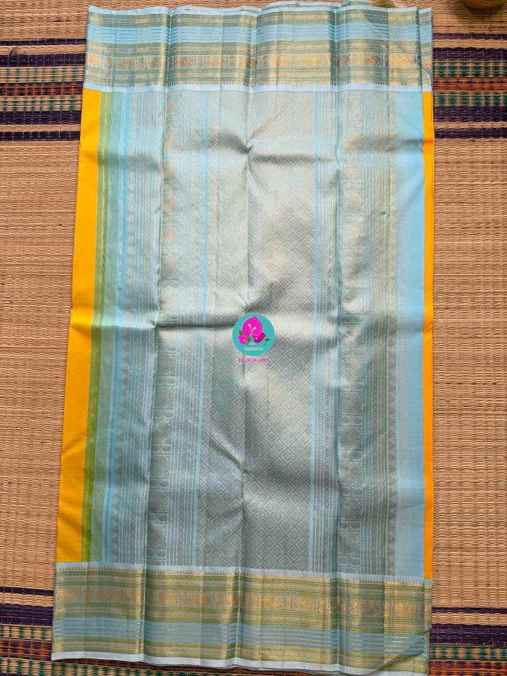 2G Zari Pure Kanchipuram saree with vintage mustard colour in light blue contrast