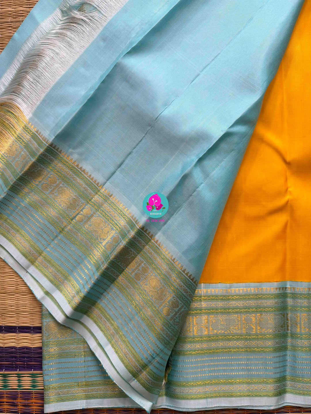 2G Zari Pure Kanchipuram saree with vintage mustard colour in light blue contrast