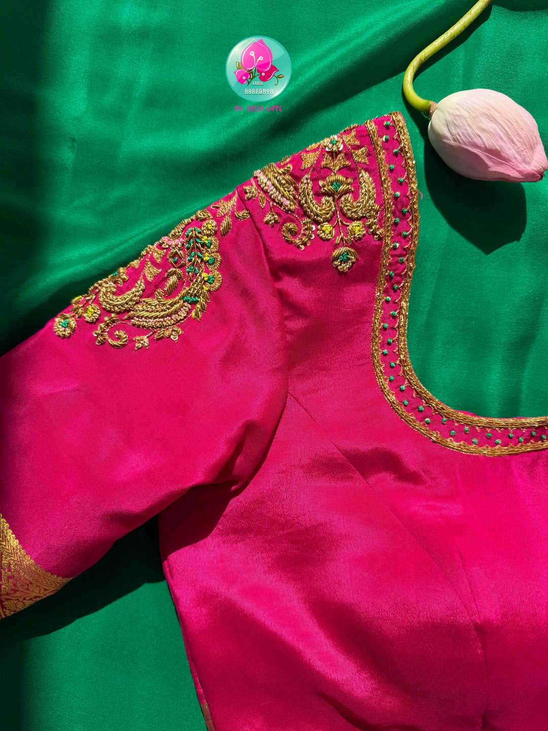 Verdant Jewel & Rani Pink: 120gsm Pure Mysore Silk Saree & Hand-Embroidered Blouse