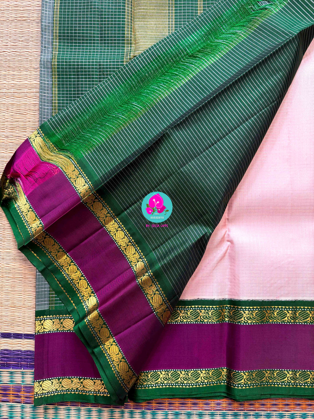 2g Zari Pure Kanchipuram saree in baby pink with Silver Vaira Oosi Checks