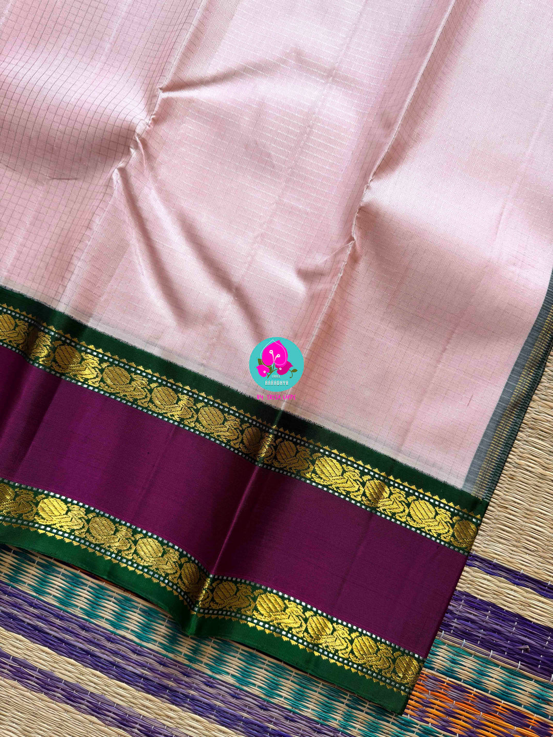 2g Zari Pure Kanchipuram saree in baby pink with Silver Vaira Oosi Checks
