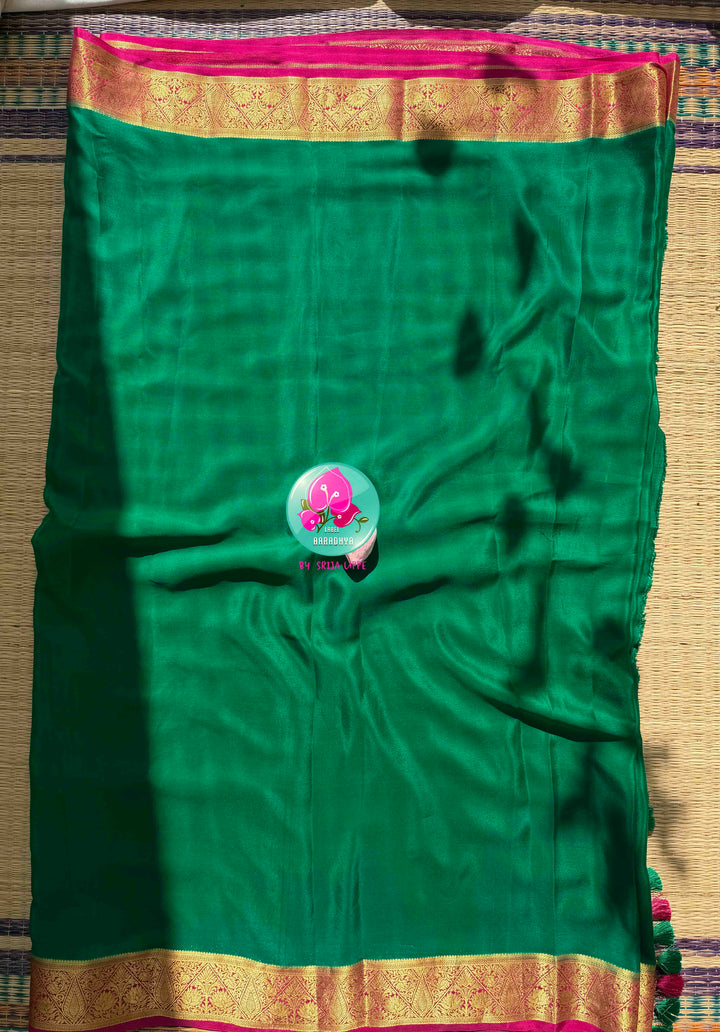 Verdant Jewel & Rani Pink: 120gsm Pure Mysore Silk Saree & Hand-Embroidered Blouse