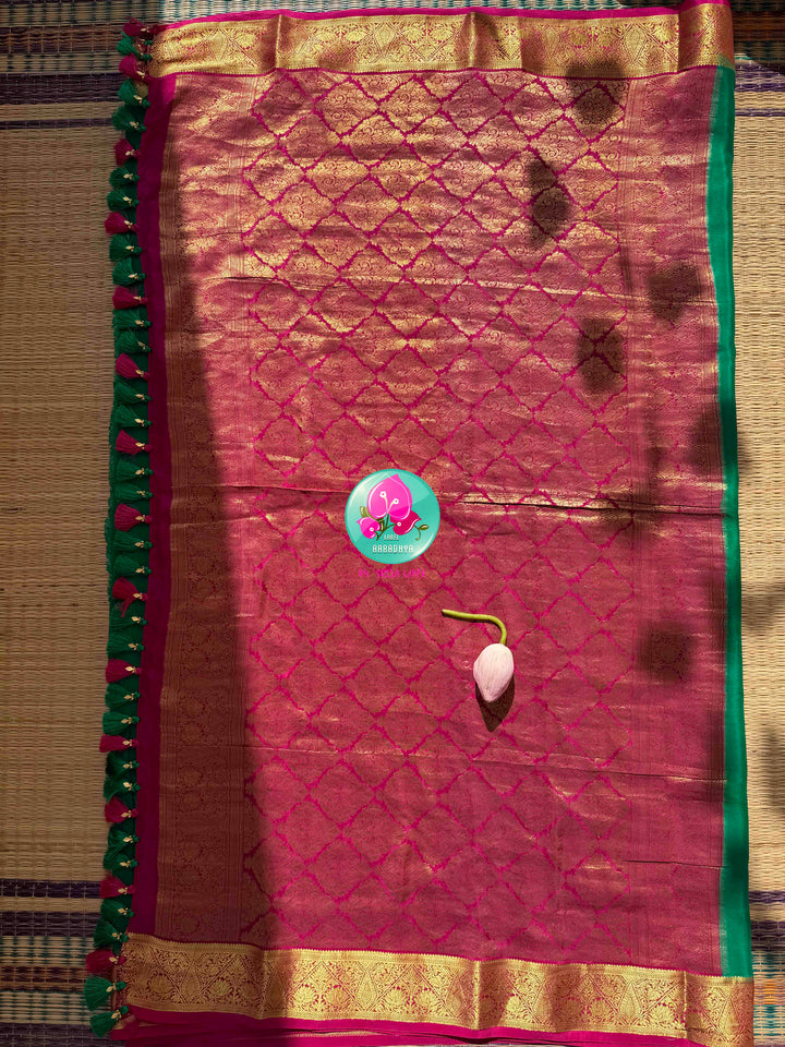 Verdant Jewel & Rani Pink: 120gsm Pure Mysore Silk Saree & Hand-Embroidered Blouse