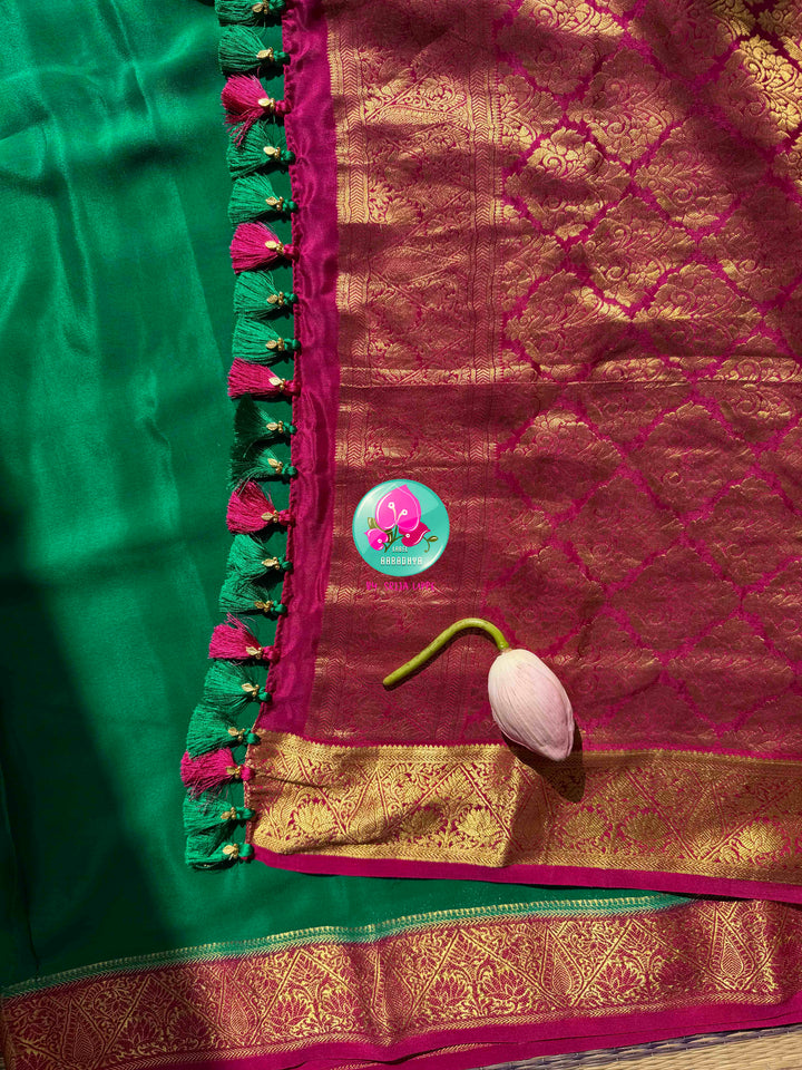 Verdant Jewel & Rani Pink: 120gsm Pure Mysore Silk Saree & Hand-Embroidered Blouse