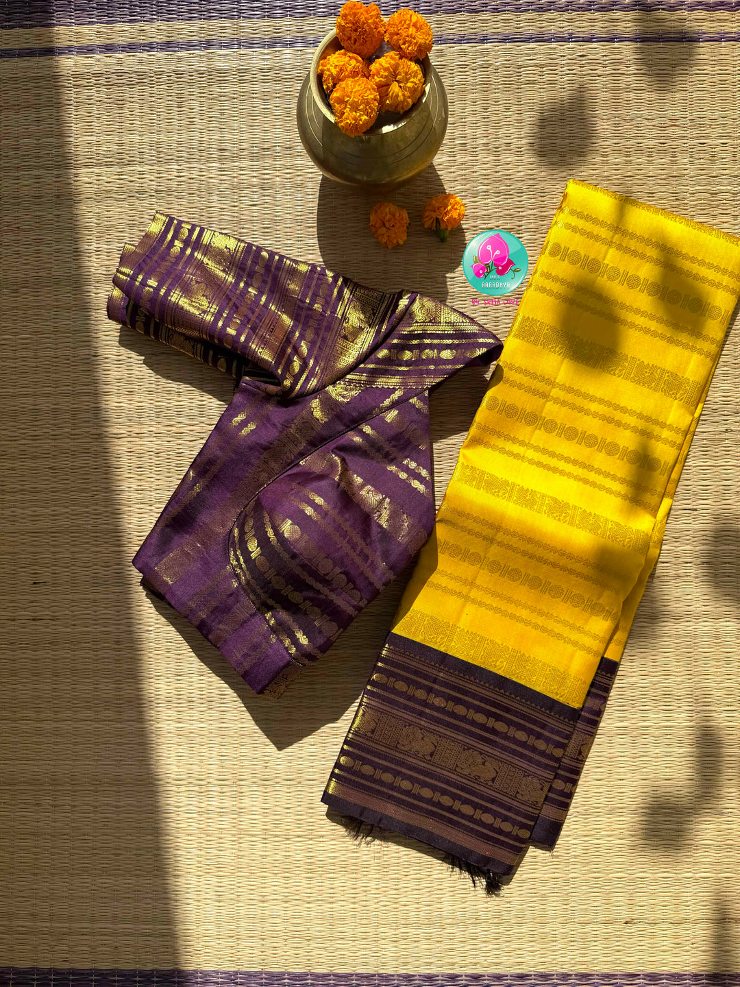 Golden Haldi & Imperial Purple: Vibrant Yellow 2G Zari Kanchi Silk Saree with Purple Baldari Border