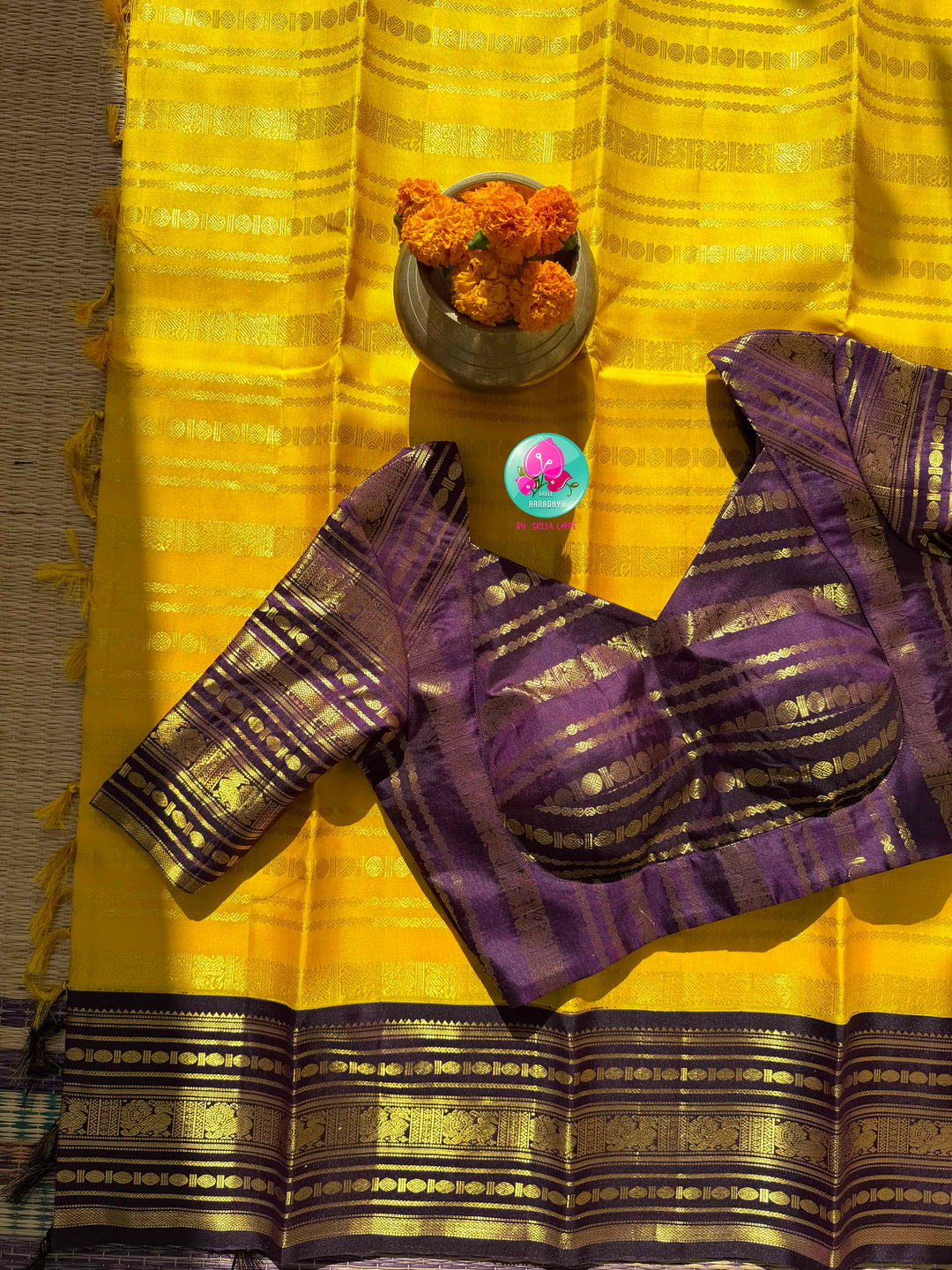 Golden Haldi & Imperial Purple: Vibrant Yellow 2G Zari Kanchi Silk Saree with Purple Baldari Border
