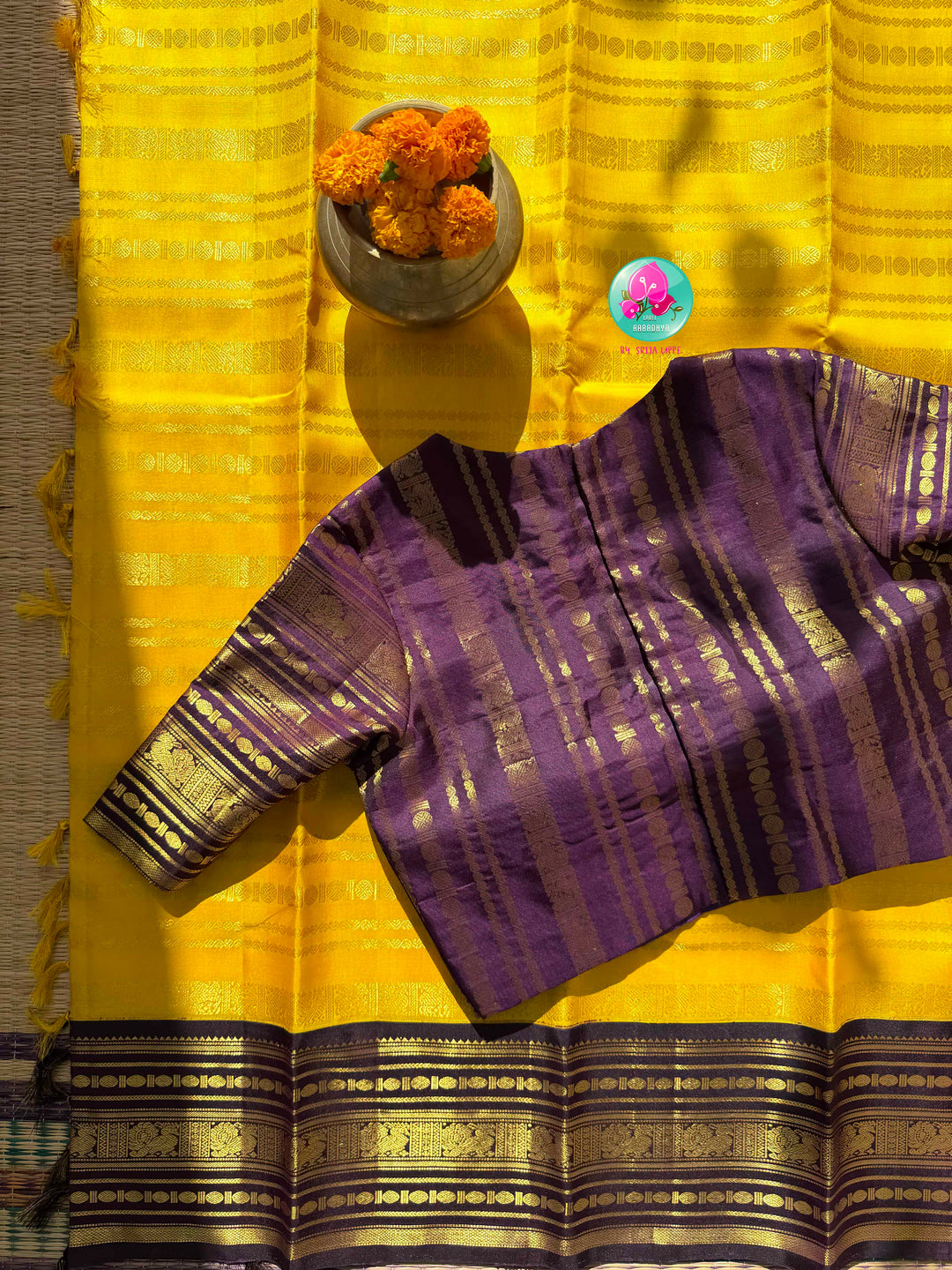 Golden Haldi & Imperial Purple: Vibrant Yellow 2G Zari Kanchi Silk Saree with Purple Baldari Border