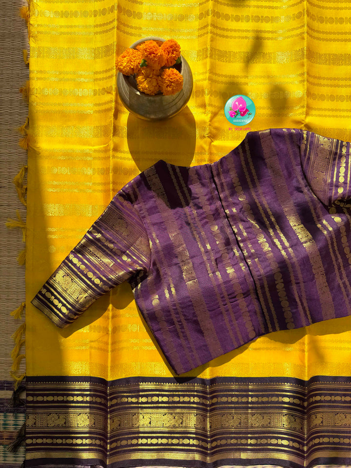 Golden Haldi & Imperial Purple: Vibrant Yellow 2G Zari Kanchi Silk Saree with Purple Baldari Border