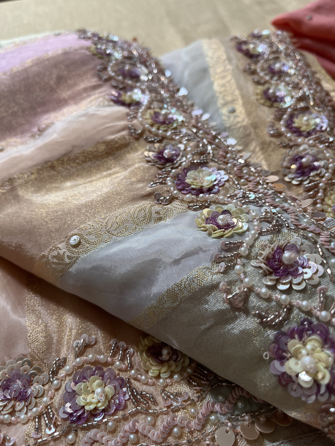 Multi-shaded tissue hand embroidered georgette saree