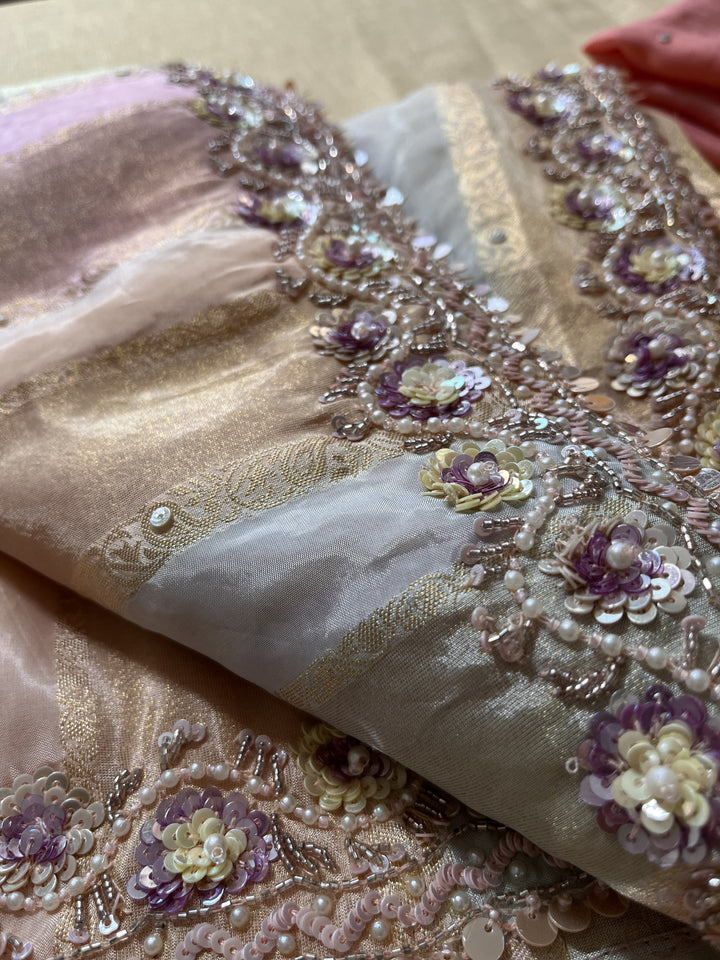 Multi-shaded tissue hand embroidered georgette saree