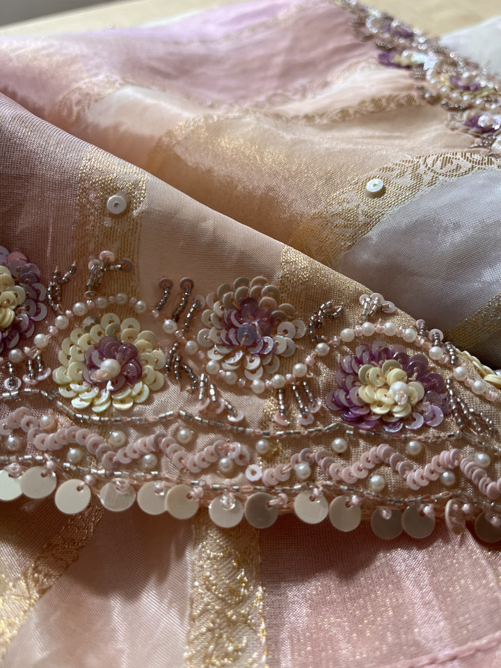 Multi-shaded tissue hand embroidered georgette saree