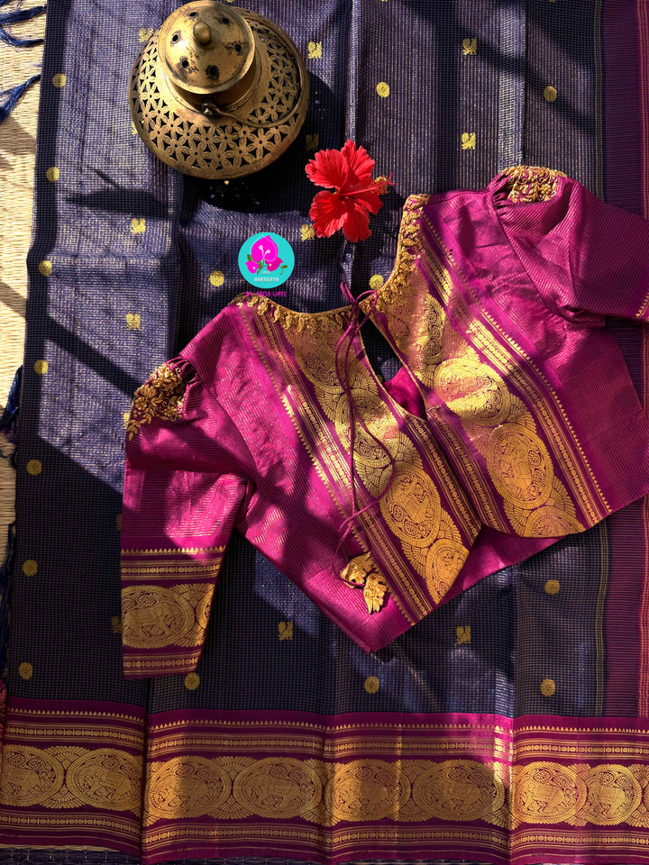 Navy Blue Kanjivaram Vaira Oosi with Bold Magenta Contrast and Embroidered Blouse