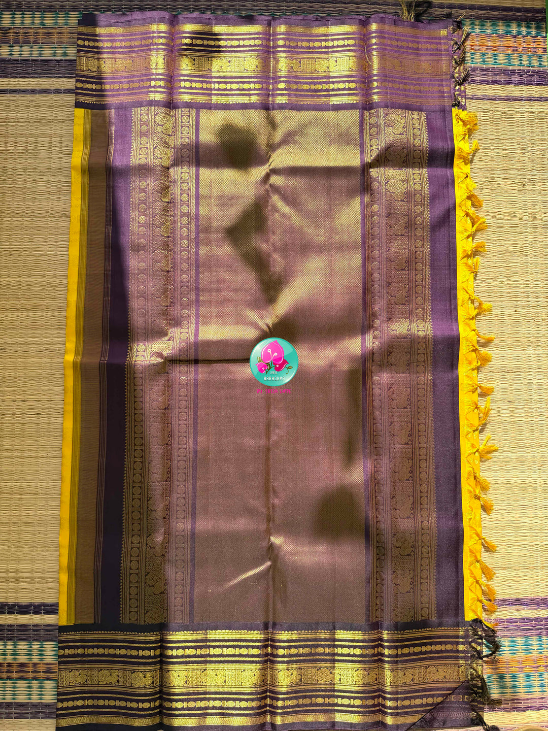 Golden Haldi & Imperial Purple: Vibrant Yellow 2G Zari Kanchi Silk Saree with Purple Baldari Border