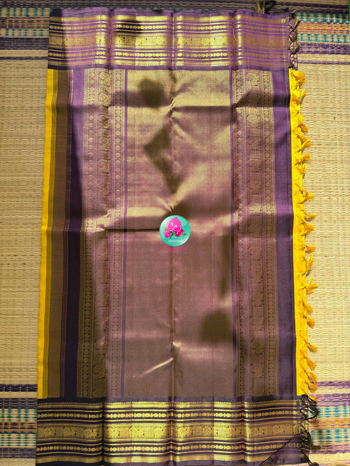 Golden Haldi & Imperial Purple: Vibrant Yellow 2G Zari Kanchi Silk Saree with Purple Baldari Border