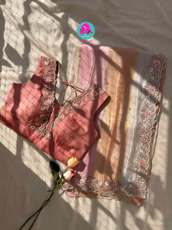 The Gossamer Dream: Soft pastel Pink-Orange-Blue Saree with Delicate Scalloped Embroidery