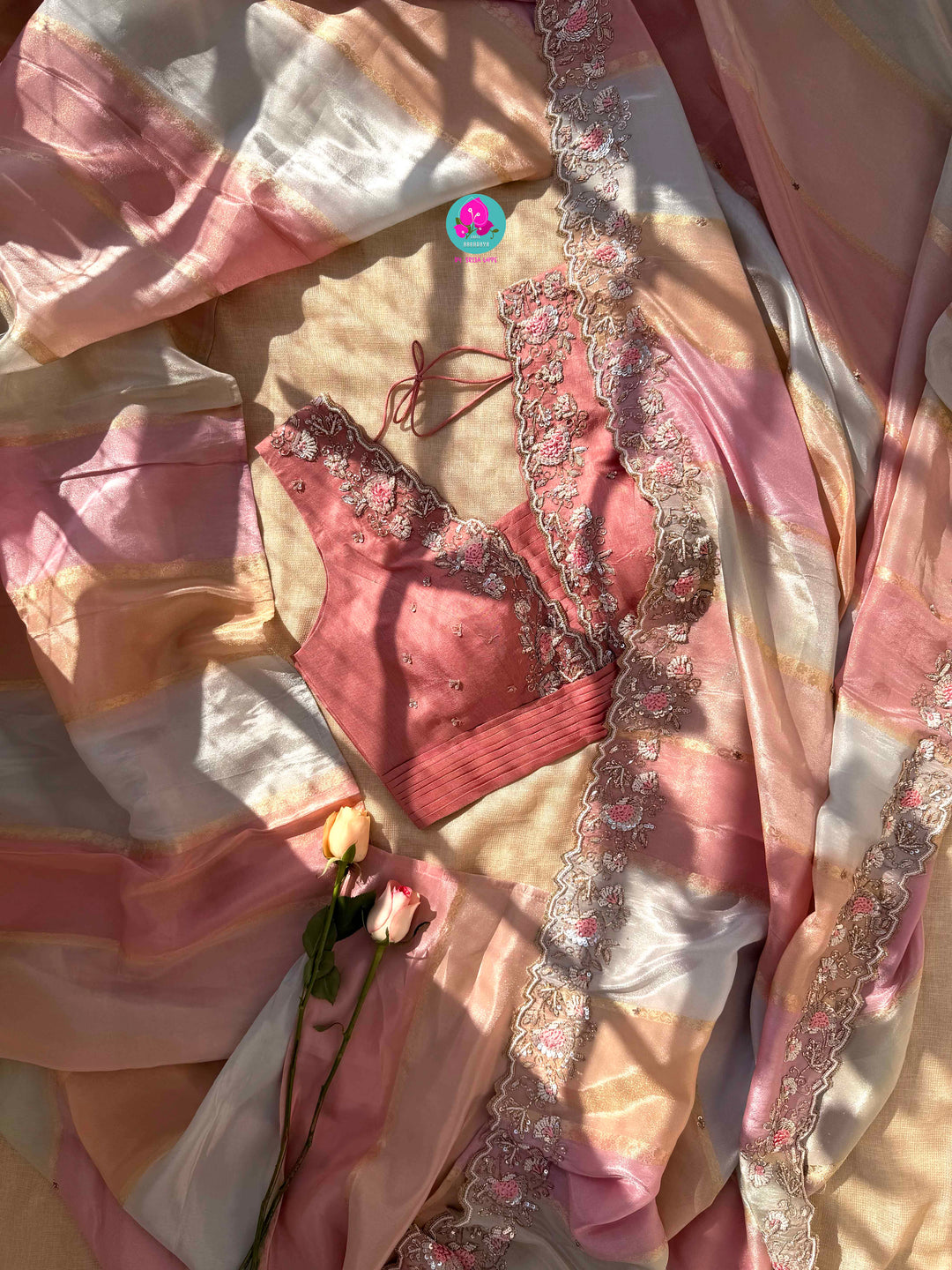 The Gossamer Dream: Soft pastel Pink-Orange-Blue Saree with Delicate Scalloped Embroidery