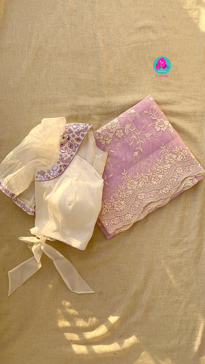 Thread Embroidered Organza Saree paired with maggam worked real mirror blouse
