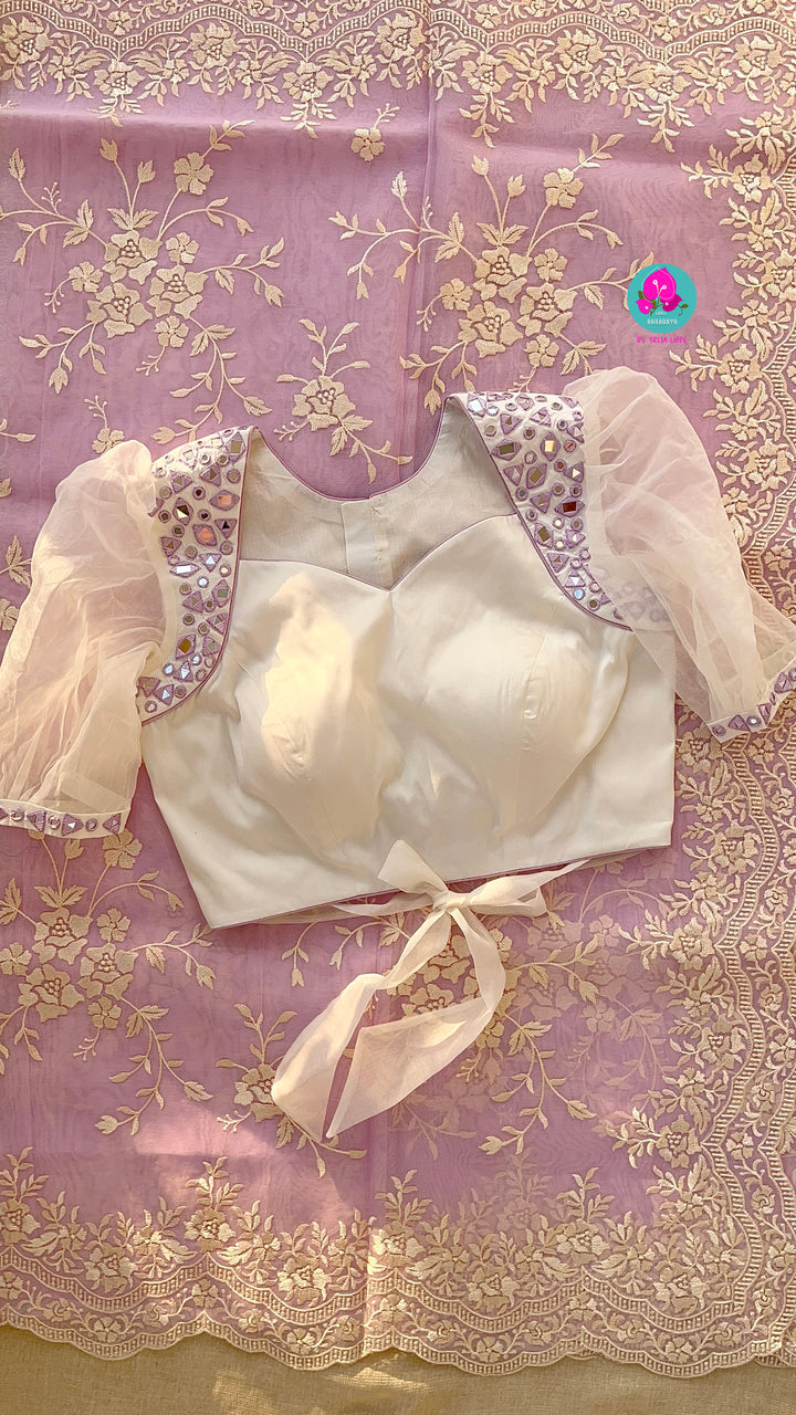 Thread Embroidered Organza Saree paired with maggam worked real mirror blouse