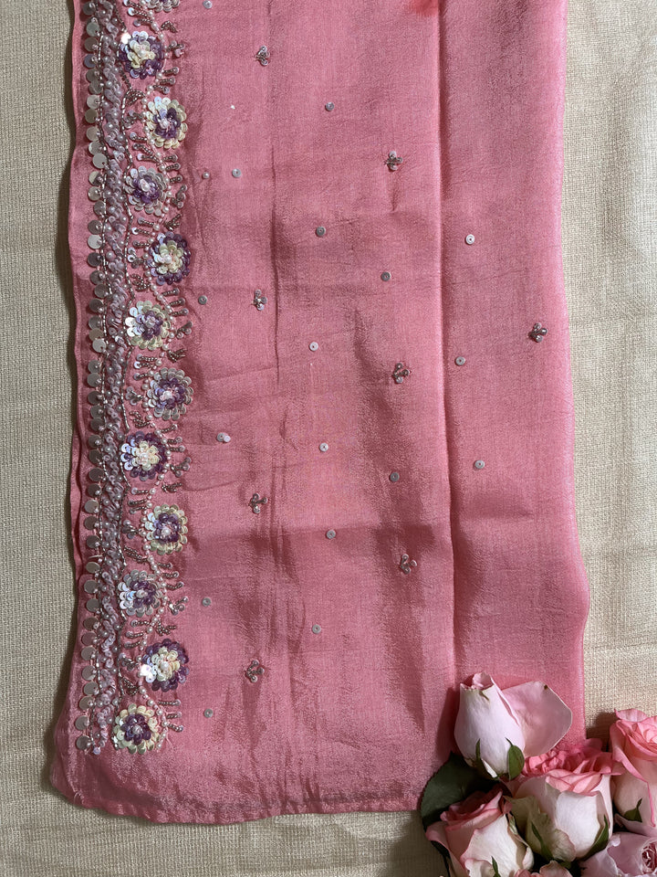 Multi-shaded tissue hand embroidered georgette saree