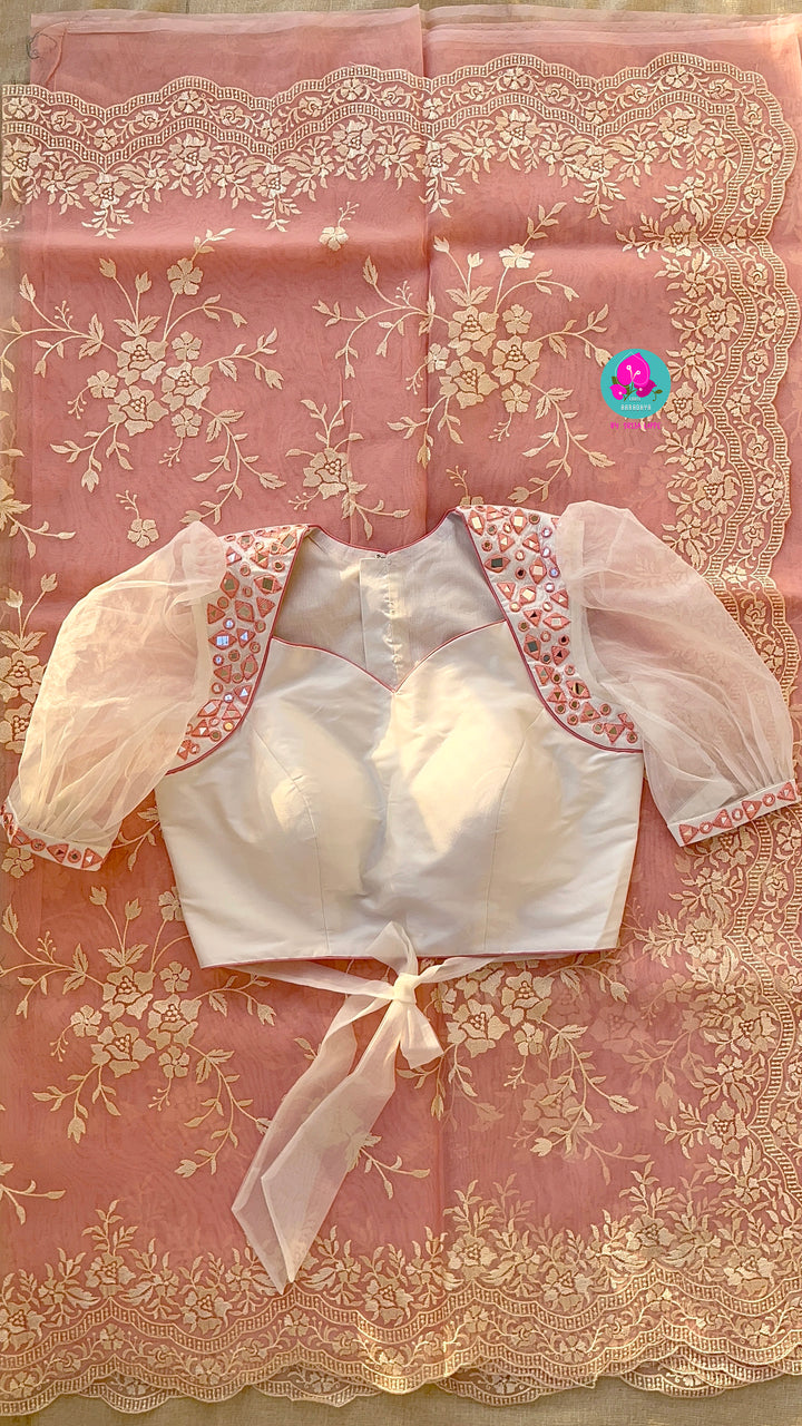 Thread Embroidered Organza Saree paired with maggam worked real mirror blouse