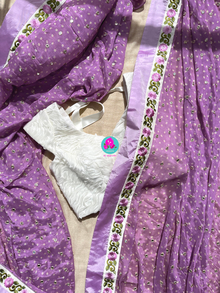 Pure Chinon Chiffon Saree with Mirror Work Paired with Ribbon Blouse