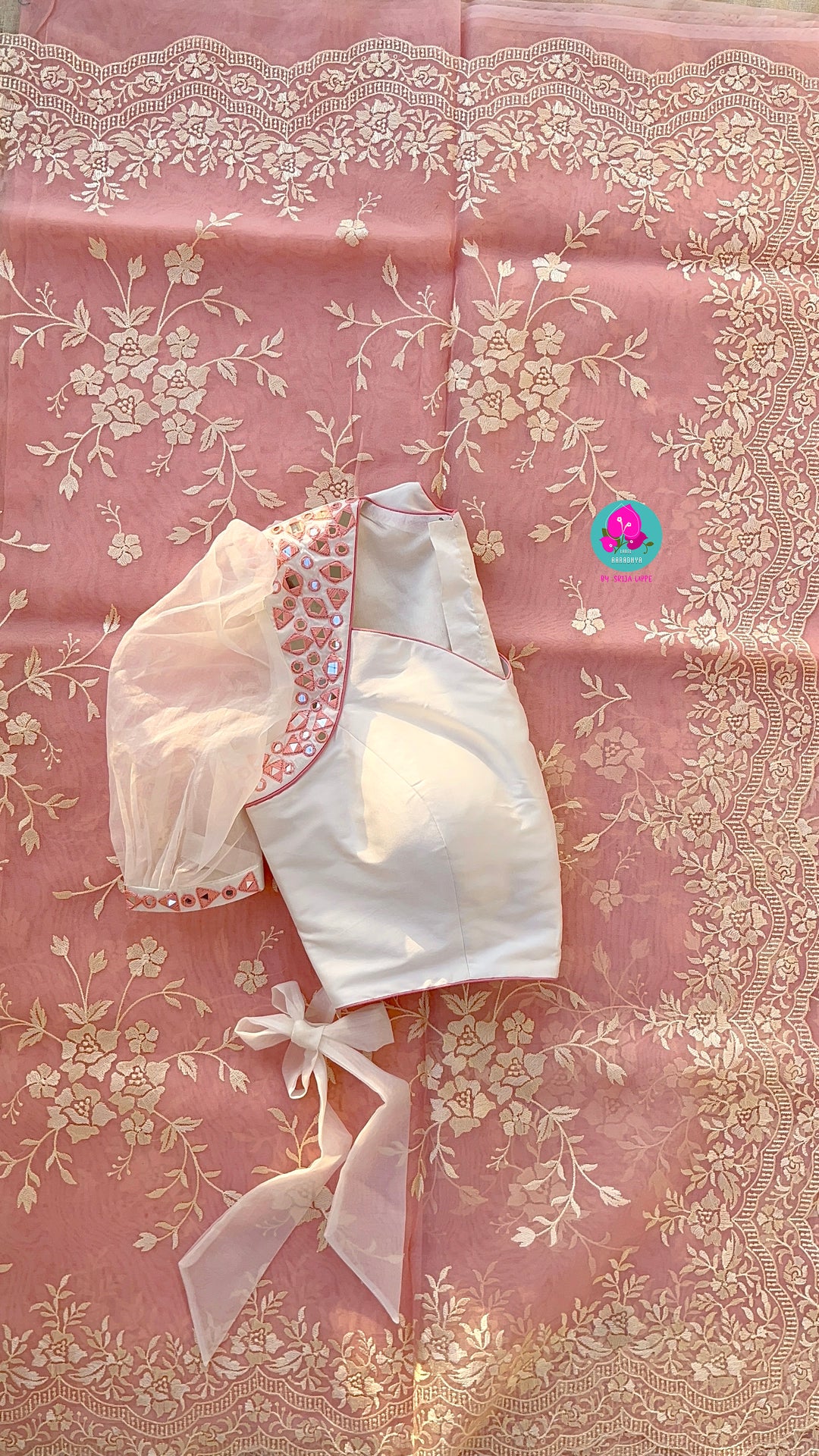 Thread Embroidered Organza Saree paired with maggam worked real mirror blouse