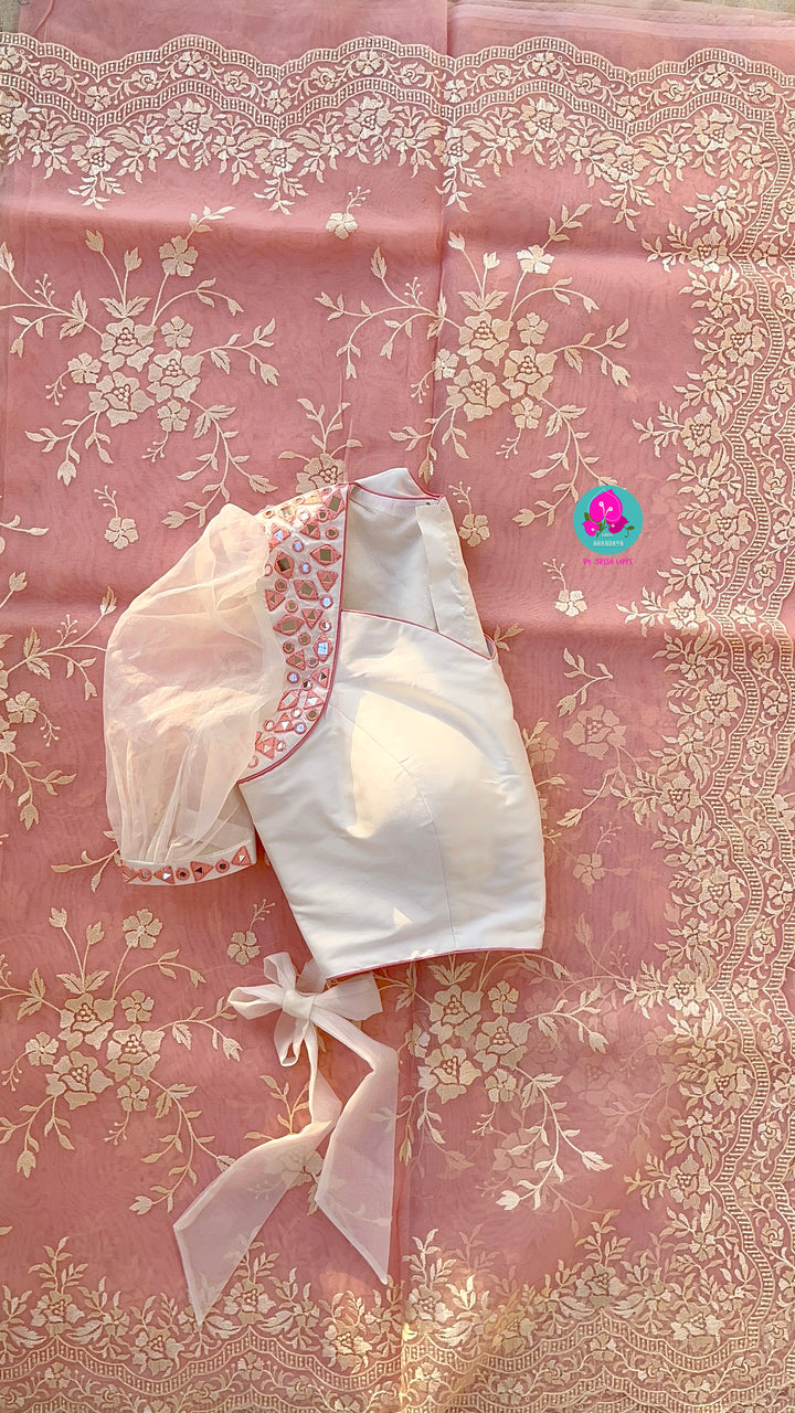 Thread Embroidered Organza Saree paired with maggam worked real mirror blouse