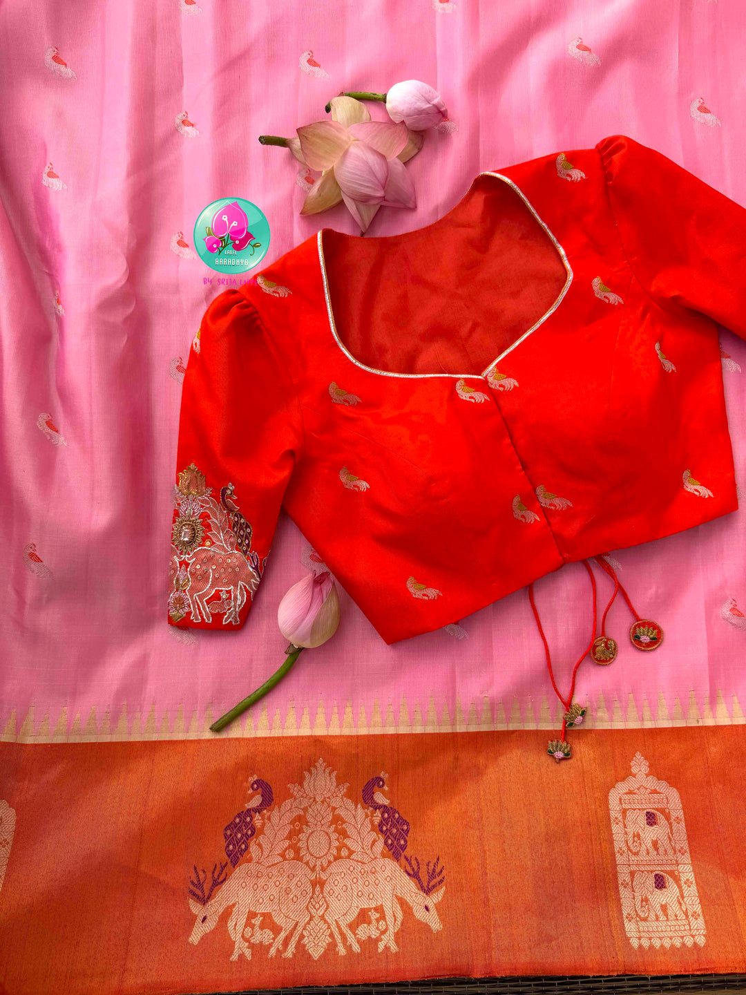Ethereal Sunset Glow: Light Pink Gadwal Silk Saree & Pitta-Embroidered Orange Blouse