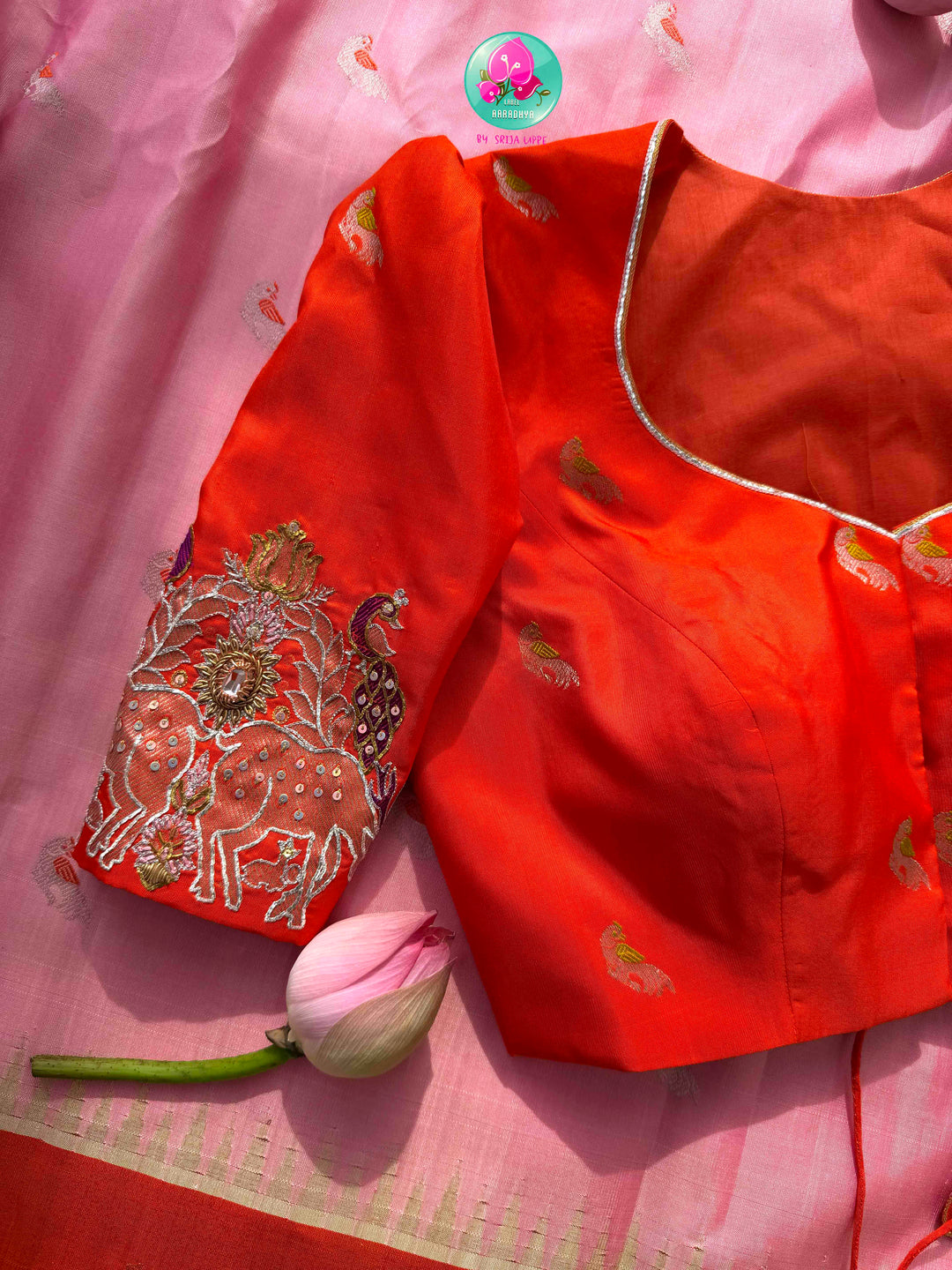 Ethereal Sunset Glow: Light Pink Gadwal Silk Saree & Pitta-Embroidered Orange Blouse