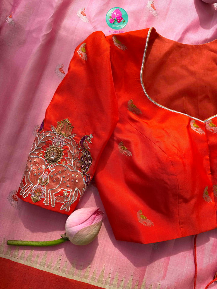 Ethereal Sunset Glow: Light Pink Gadwal Silk Saree & Pitta-Embroidered Orange Blouse
