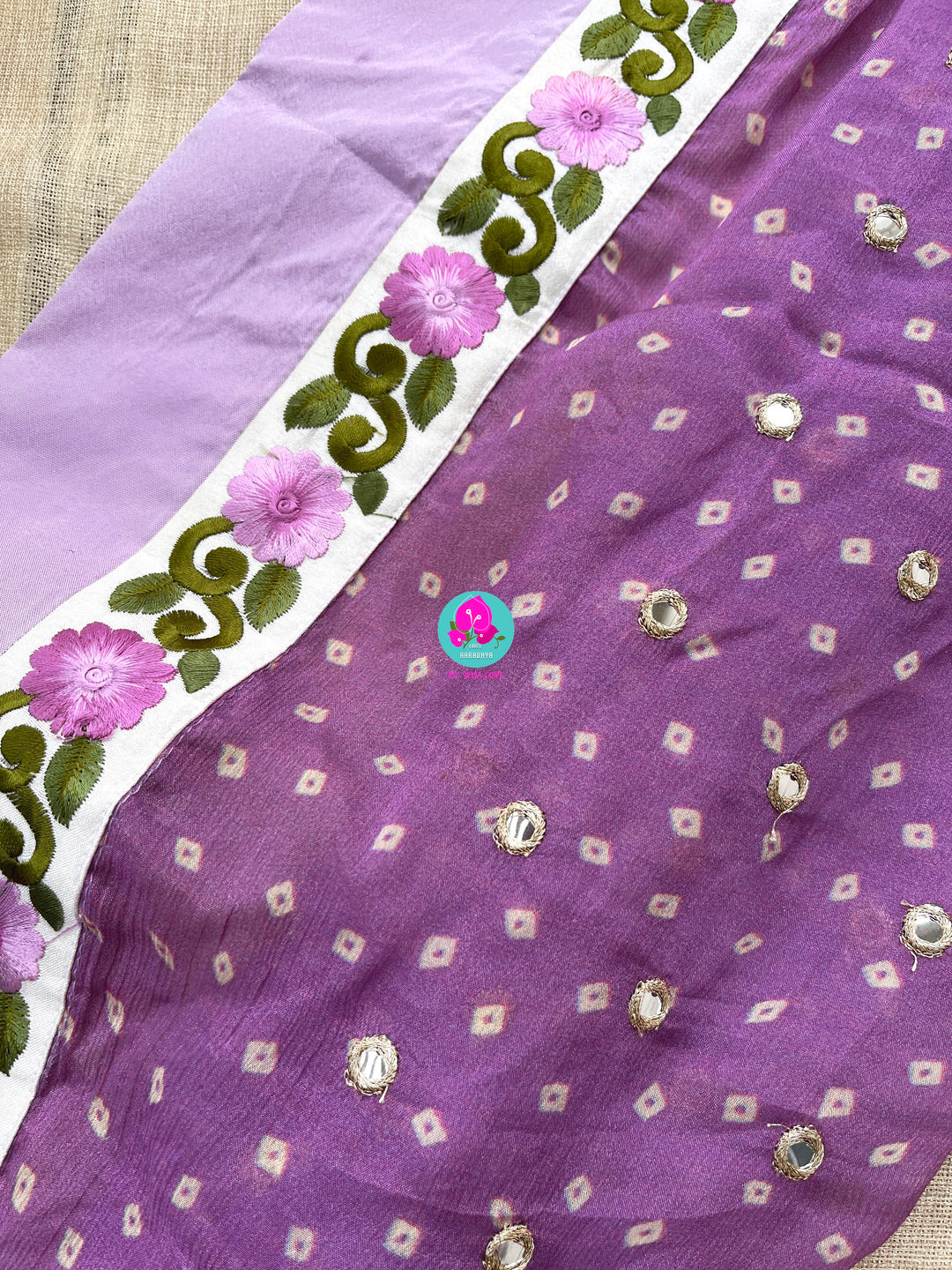 Pure Chinon Chiffon Saree with Mirror Work Paired with Ribbon Blouse