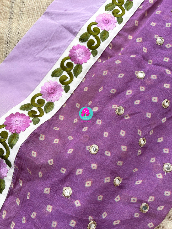 Pure Chinon Chiffon Saree with Mirror Work Paired with Ribbon Blouse