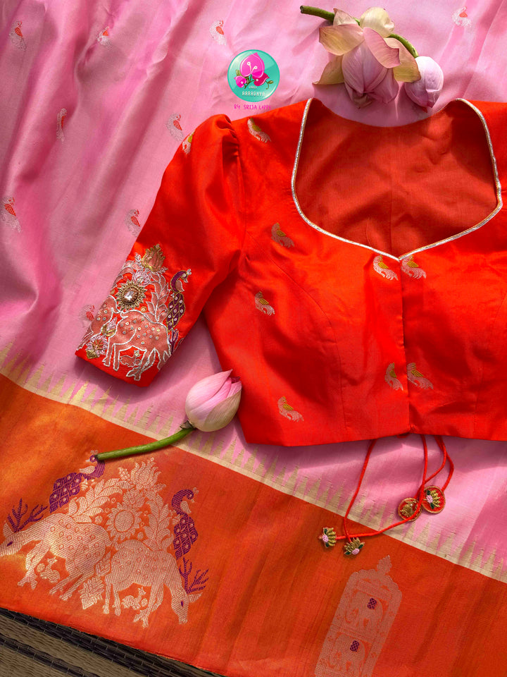 Ethereal Sunset Glow: Light Pink Gadwal Silk Saree & Pitta-Embroidered Orange Blouse