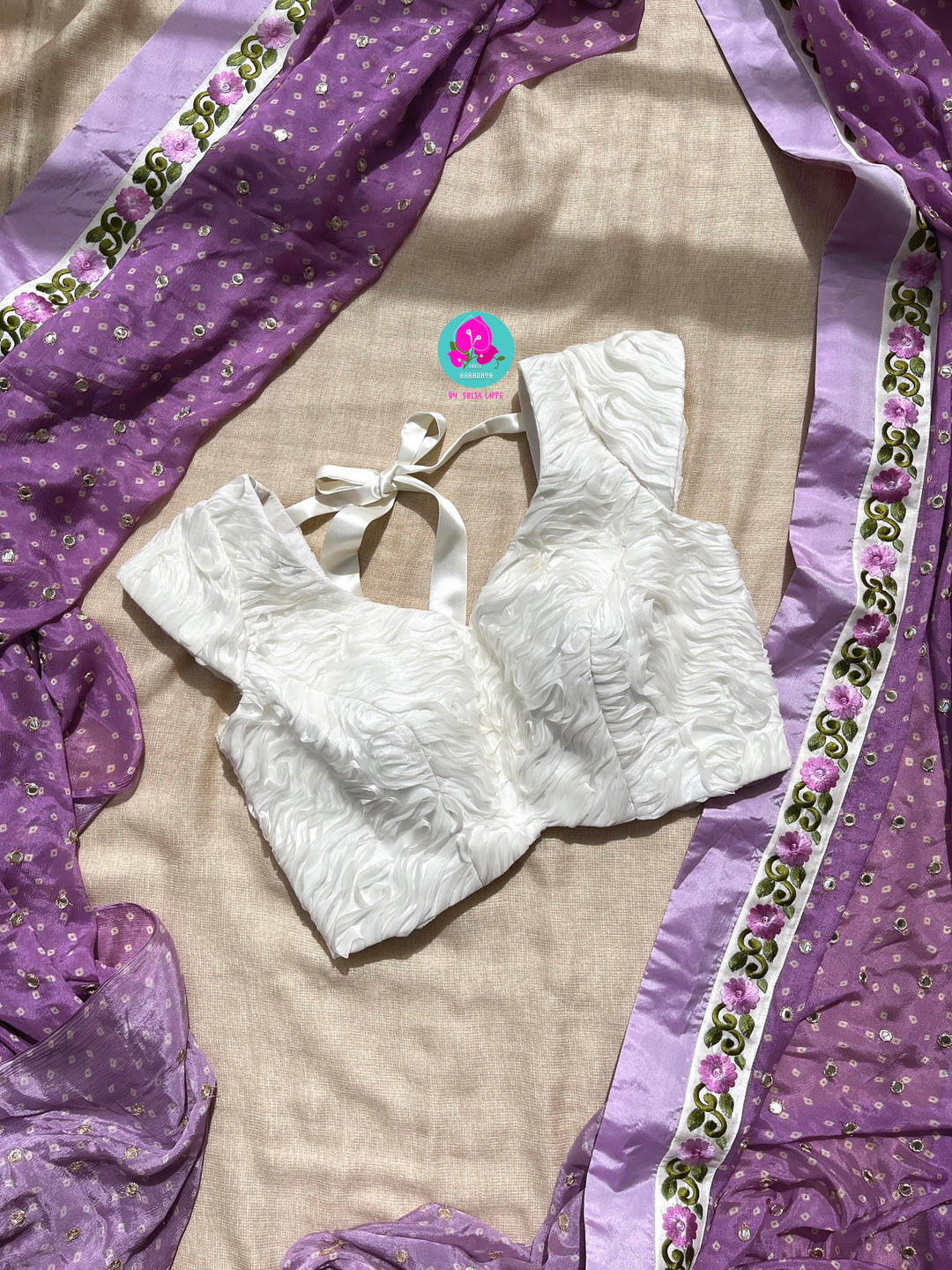 Pure Chinon Chiffon Saree with Mirror Work Paired with Ribbon Blouse
