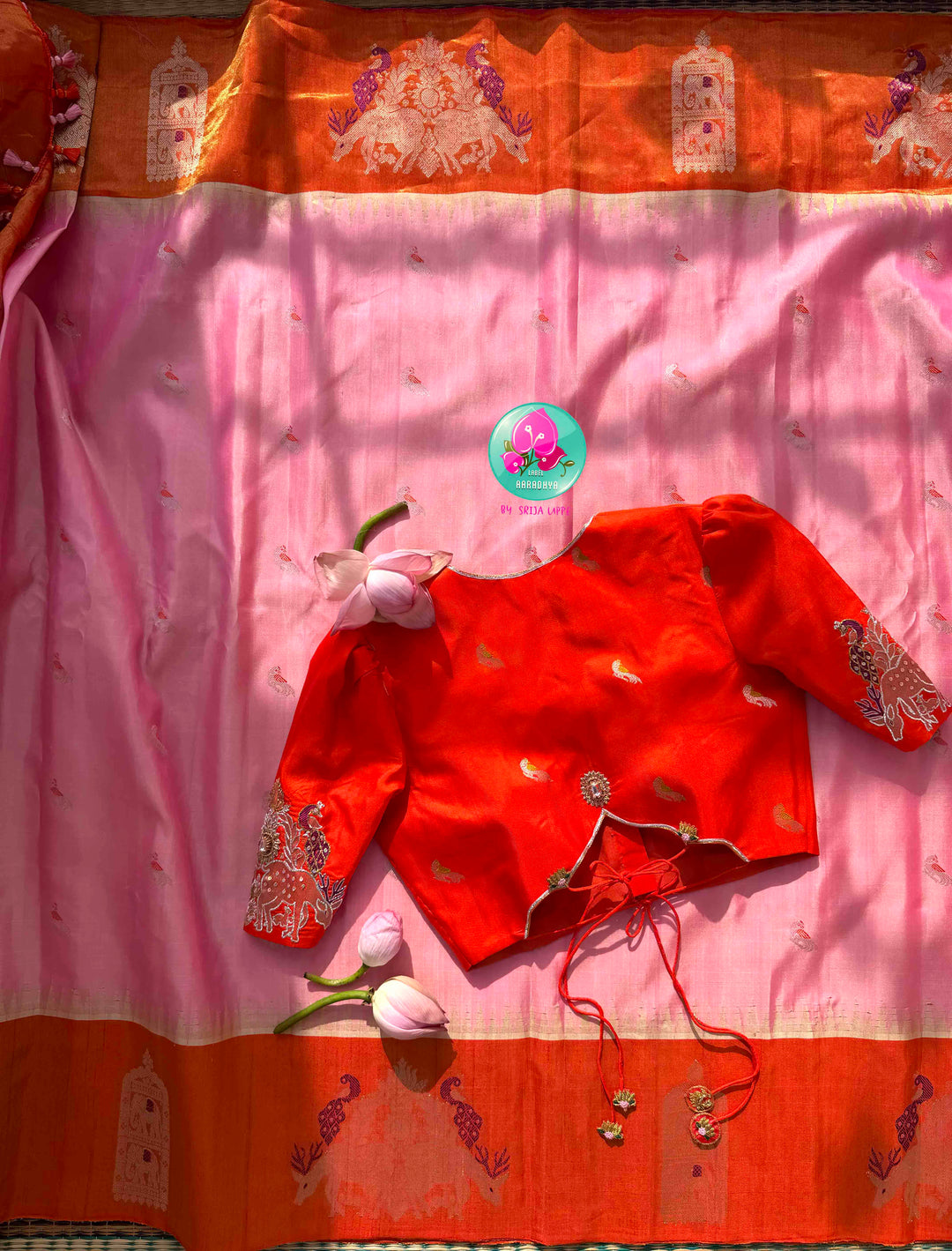 Ethereal Sunset Glow: Light Pink Gadwal Silk Saree & Pitta-Embroidered Orange Blouse