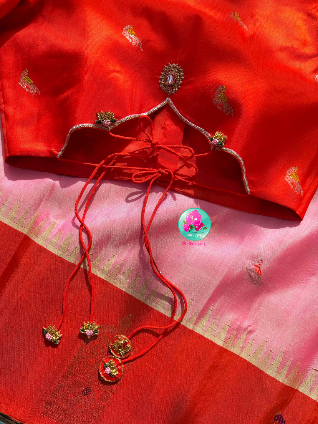Ethereal Sunset Glow: Light Pink Gadwal Silk Saree & Pitta-Embroidered Orange Blouse