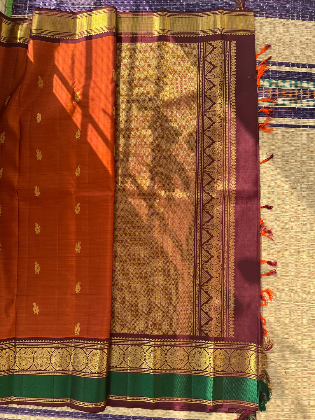 Kanchipattu handloom saree warm rust orange by a contrast border in sophisticated brown and a touch of vibrant green