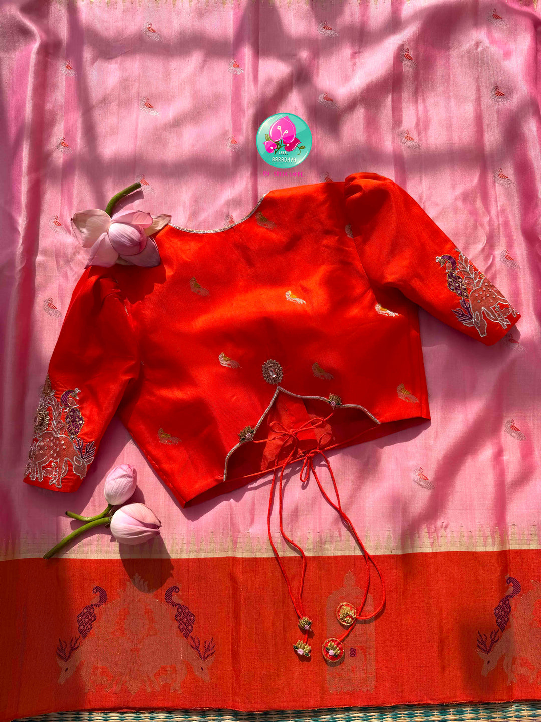Ethereal Sunset Glow: Light Pink Gadwal Silk Saree & Pitta-Embroidered Orange Blouse