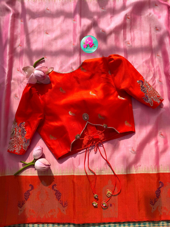 Ethereal Sunset Glow: Light Pink Gadwal Silk Saree & Pitta-Embroidered Orange Blouse