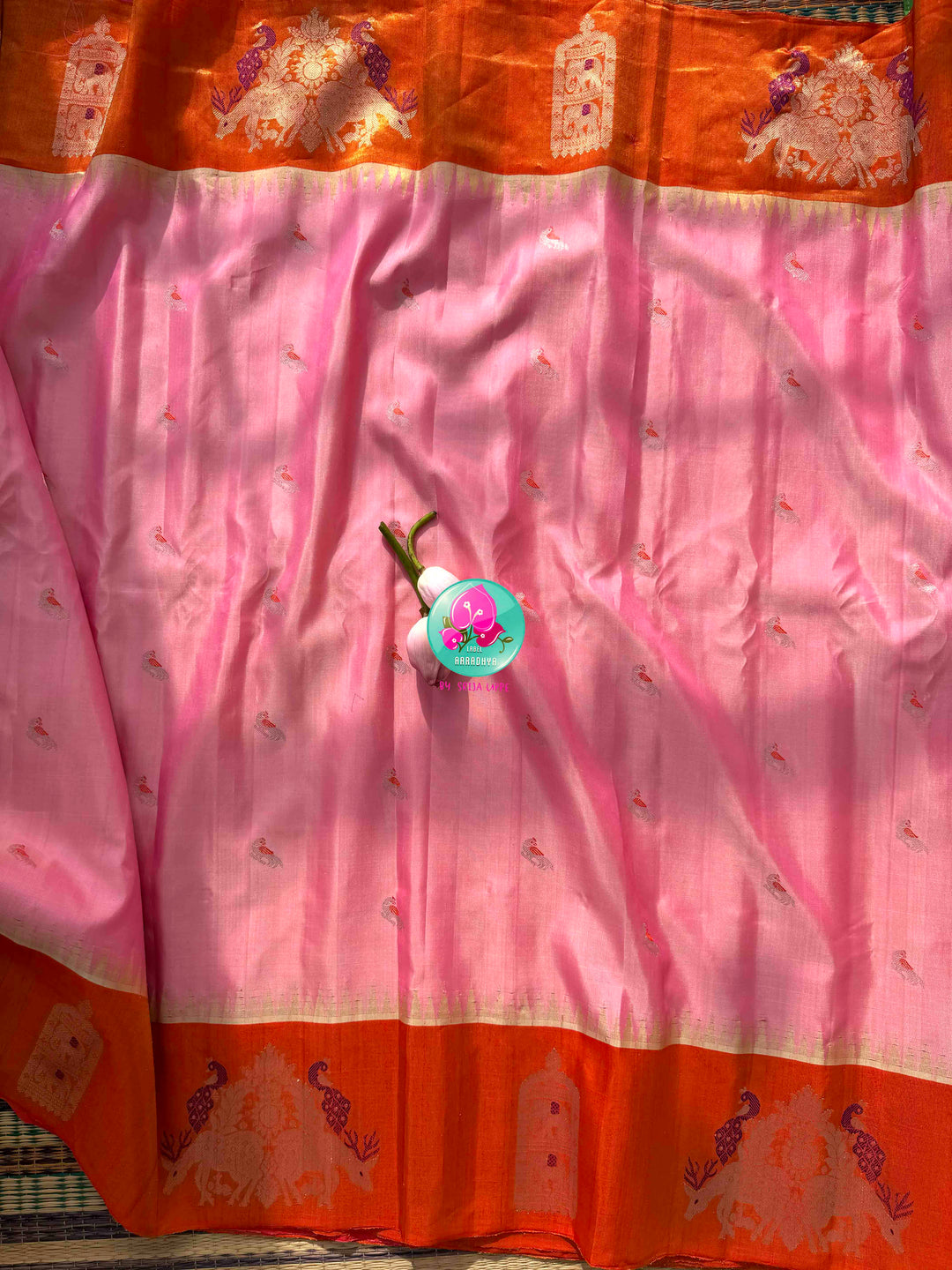 Ethereal Sunset Glow: Light Pink Gadwal Silk Saree & Pitta-Embroidered Orange Blouse