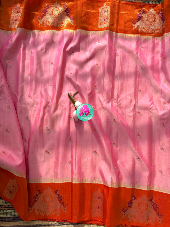 Ethereal Sunset Glow: Light Pink Gadwal Silk Saree & Pitta-Embroidered Orange Blouse