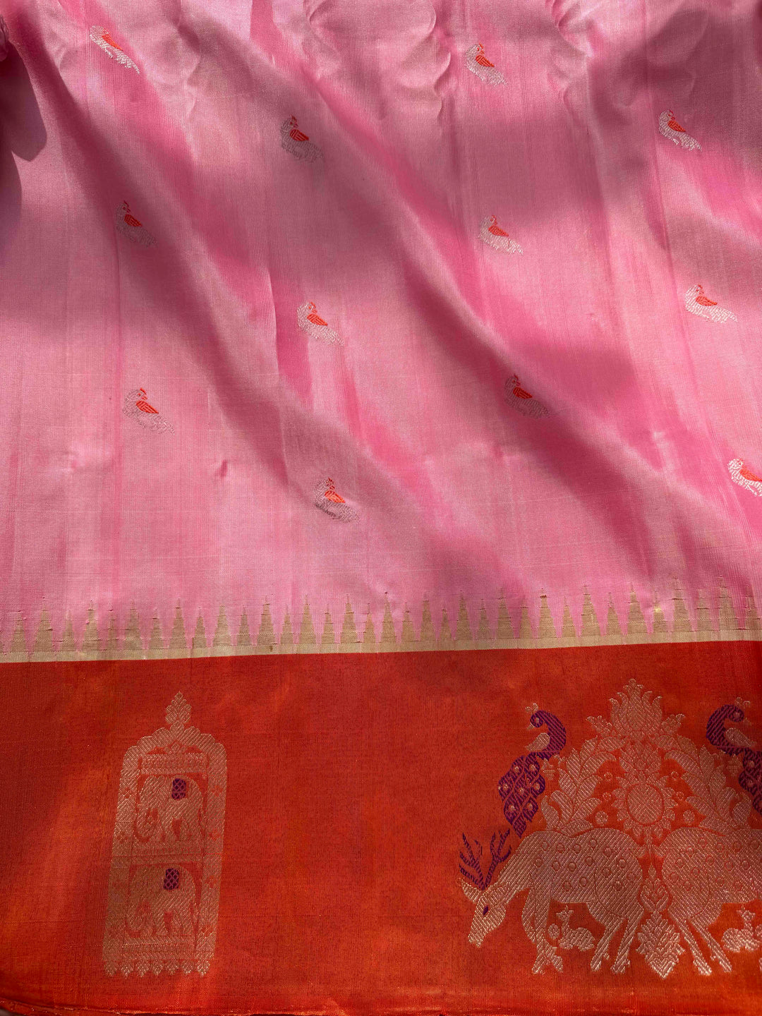Ethereal Sunset Glow: Light Pink Gadwal Silk Saree & Pitta-Embroidered Orange Blouse