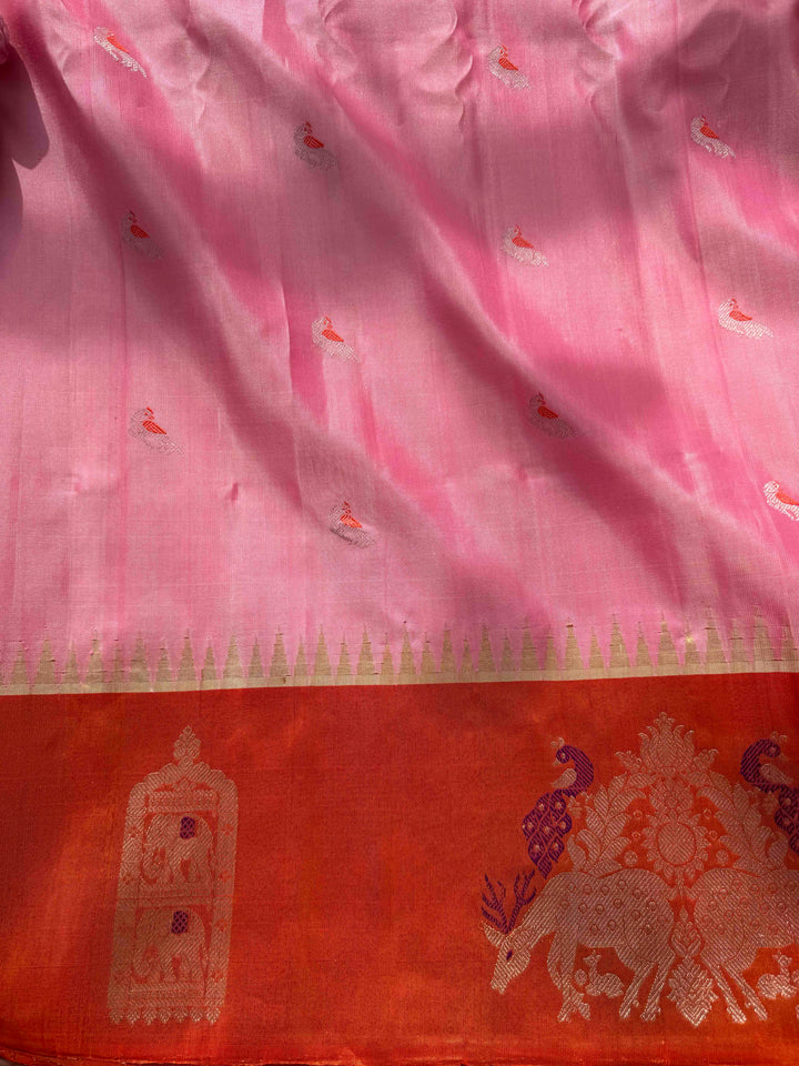 Ethereal Sunset Glow: Light Pink Gadwal Silk Saree & Pitta-Embroidered Orange Blouse