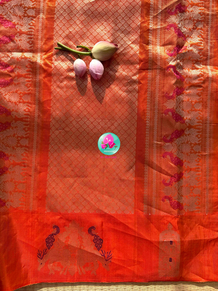Ethereal Sunset Glow: Light Pink Gadwal Silk Saree & Pitta-Embroidered Orange Blouse
