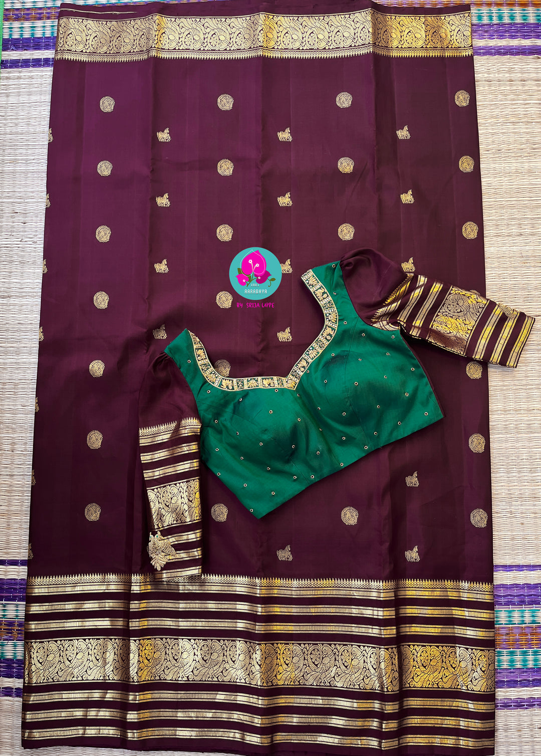 Kanchipuram 2g zari brown vintage saree in big border paired with hand embroidered blouse