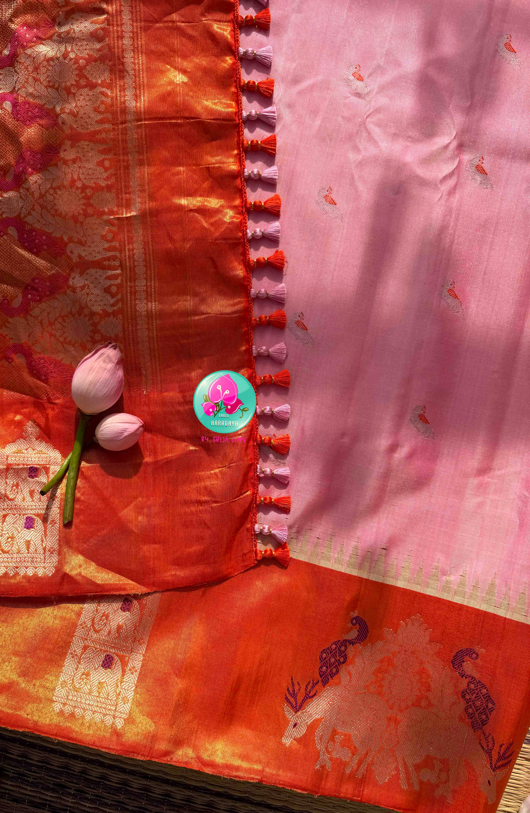 Ethereal Sunset Glow: Light Pink Gadwal Silk Saree & Pitta-Embroidered Orange Blouse