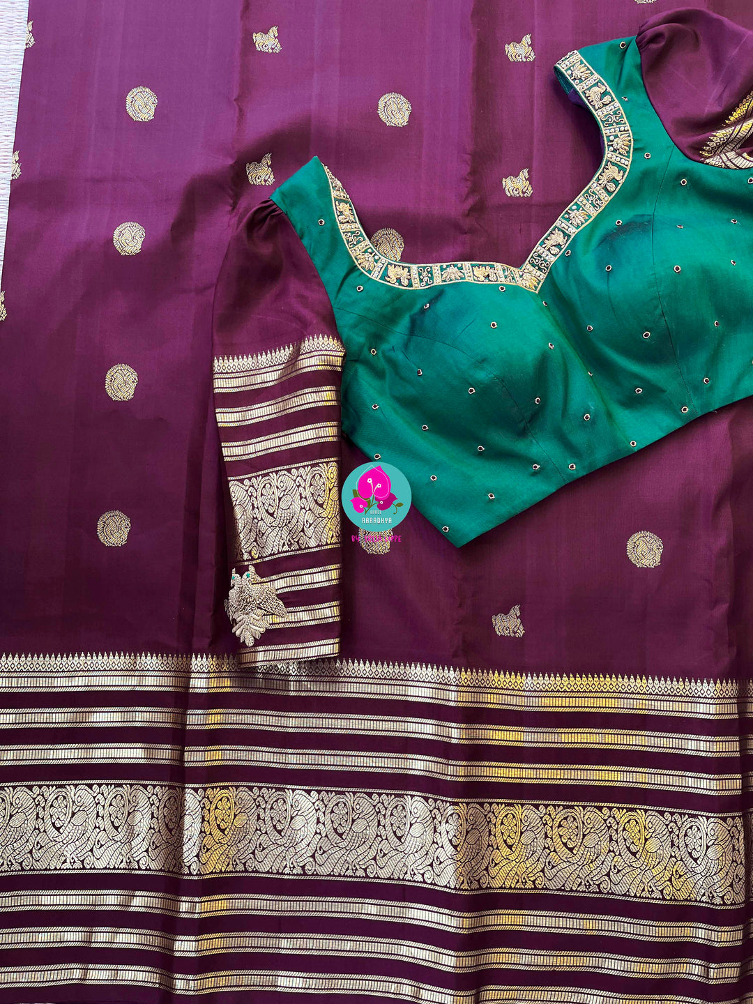 Kanchipuram 2g zari brown vintage saree in big border paired with hand embroidered blouse