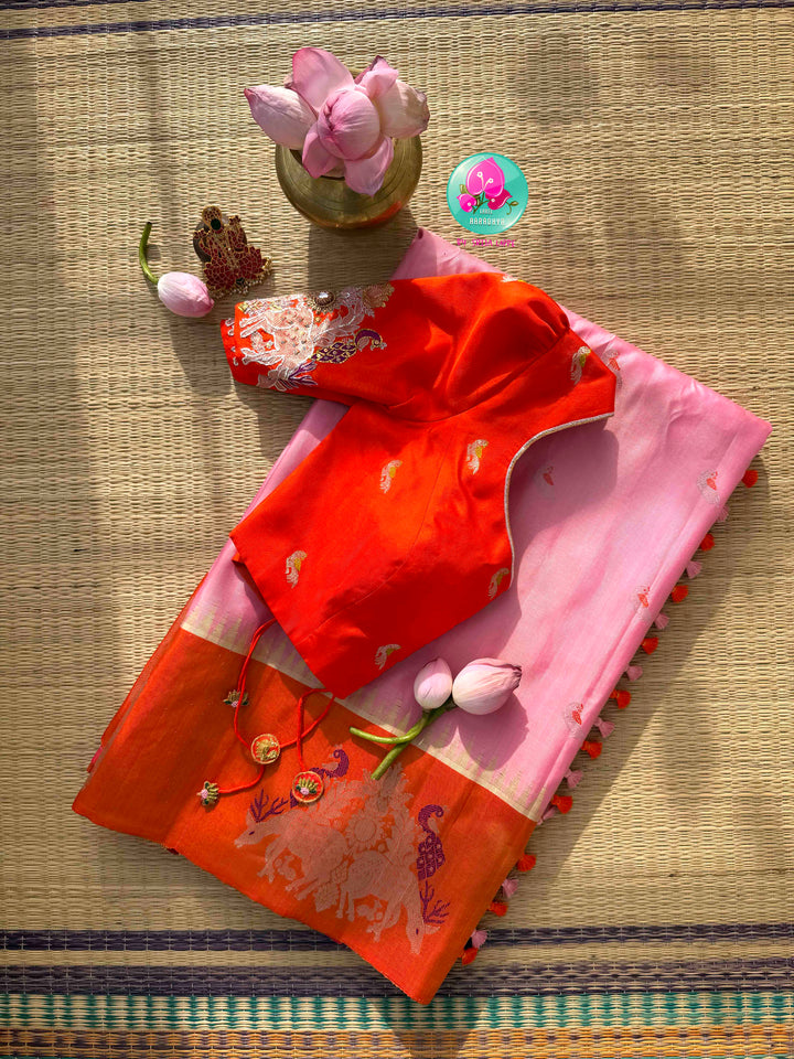 Ethereal Sunset Glow: Light Pink Gadwal Silk Saree & Pitta-Embroidered Orange Blouse